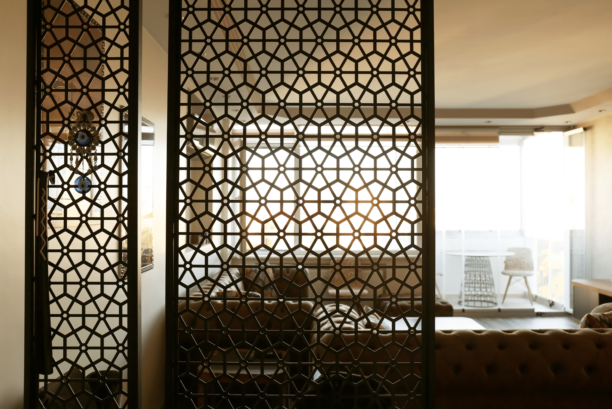 A room divider with patterns.